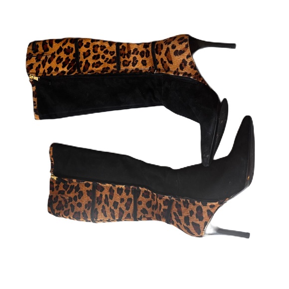 Lauren Ralph Lauren Leopard Print Boots Black Buckle KneeHigh Size 7.5 Calf Hair - Picture 6 of 7